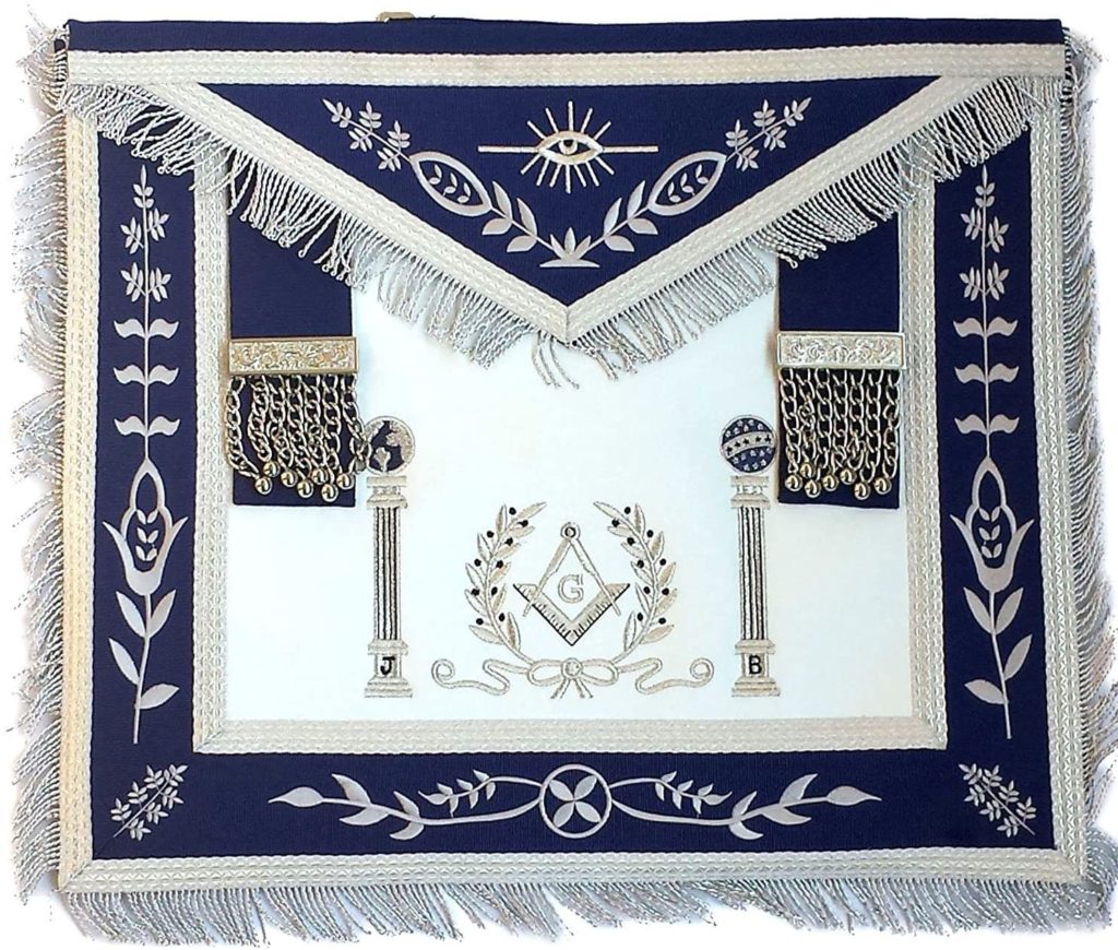 Traditional navy blue and silver Master Mason apron with images or the square and pillars