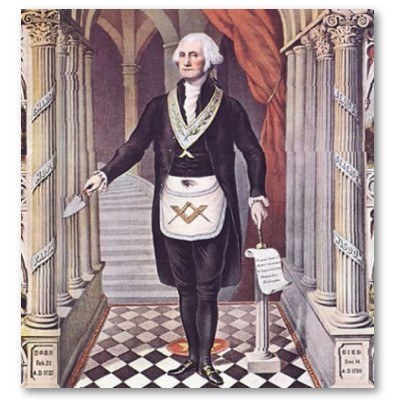 President George Washington wearing a traditional Masonic Apron and holding a trowel