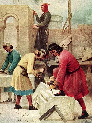 Operative Masons of the Middle Ages working with stone to erect buildings