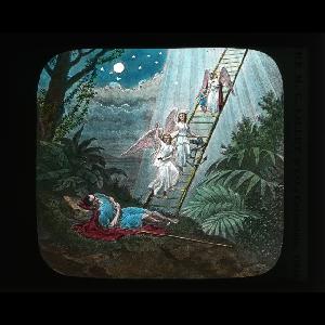 Masonic magic lantern slide depicting Jacob dreaming of angels climbing a ladder by The M.C. Lilley & Co.