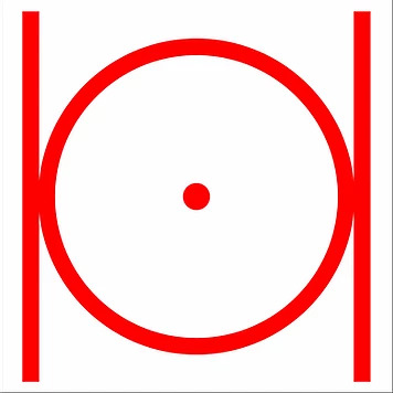A circle with a dot in the middle is flanked by two pillars on the left and right.