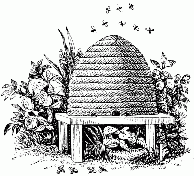 A black and white drawing of a beehive.
