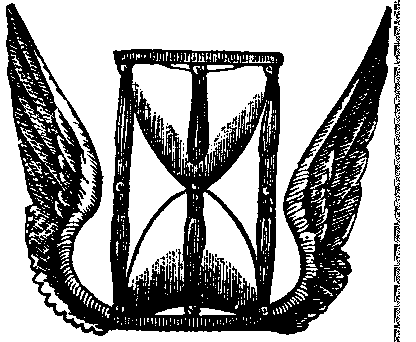 An etching of an hourglass depicted with two wings.