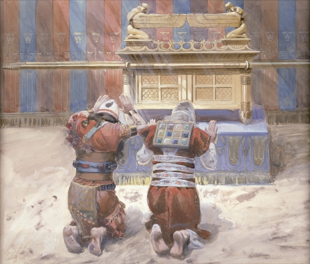 A painting by James Tissot depicts Moses and Joshua kneeling before the Ark of the Covenant.