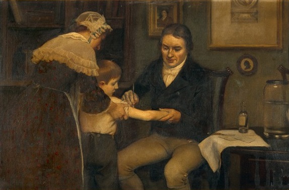 A portrait of Dr. Jenner performing his first vaccination on James Phipps in May 1796