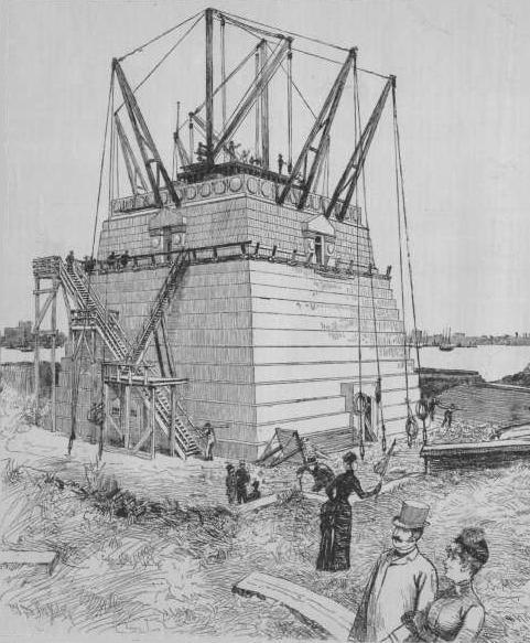 A drawing of the pedestal being constructed, 1885