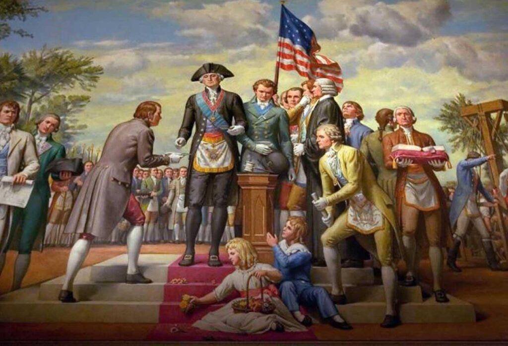 A photo of a mural in Memorial Hall depicting George Washington in full Masonic regalia as he lays the cornerstone of the US Capitol