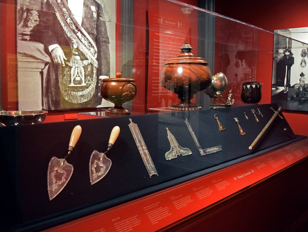 Masonic working tools in a display case