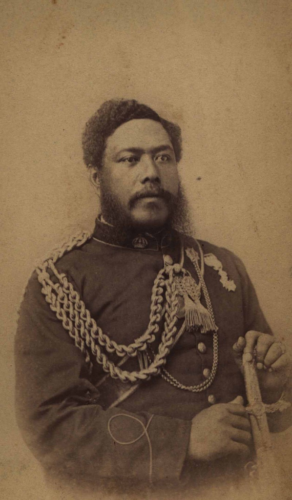 Portrait of David Kalakaua, photograph in military garb