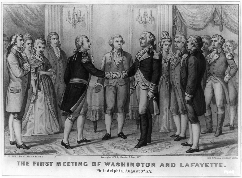 A lithograph print depicting the first meeting of Washington and Lafayette, Philadelphia, Aug. 3rd, 1777.